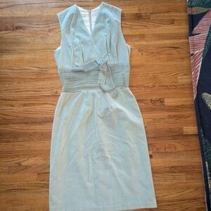 Sleeveless Light Blue Wrap Sheath Dress with Waist Tie